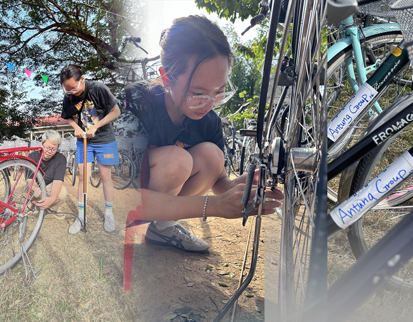 安東同事遠赴柬埔寨當愛心義工，圖中安東同仁細心修復捐贈的腳踏車